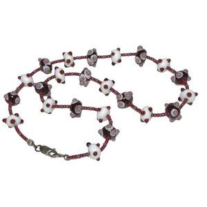Handmade Necklace Flame-Work Glass Beads Maroon White